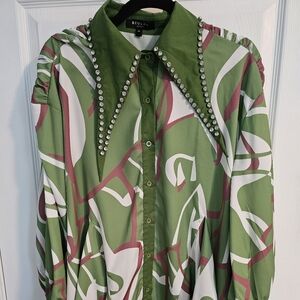 Beulah Green and White Oversized Graphic Button Down Shirt